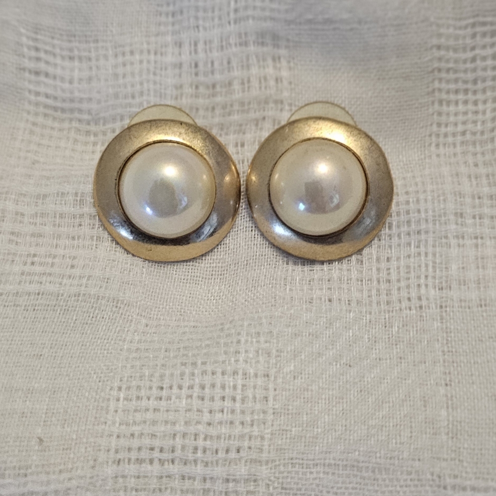 Gold Pearl Button Clip-On Earrings - Classic Women's Jewelry